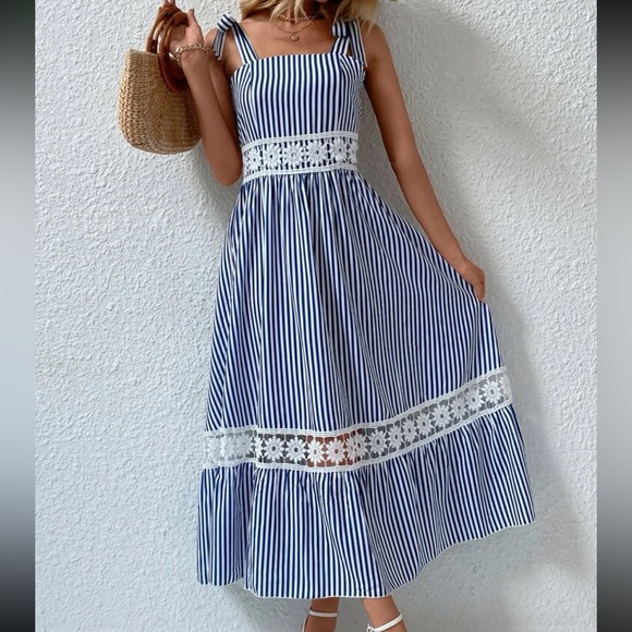 Boho Stripes Floral Lace Strap Tie Shoulder Cami Maxi Dress - Picture 12 of 12